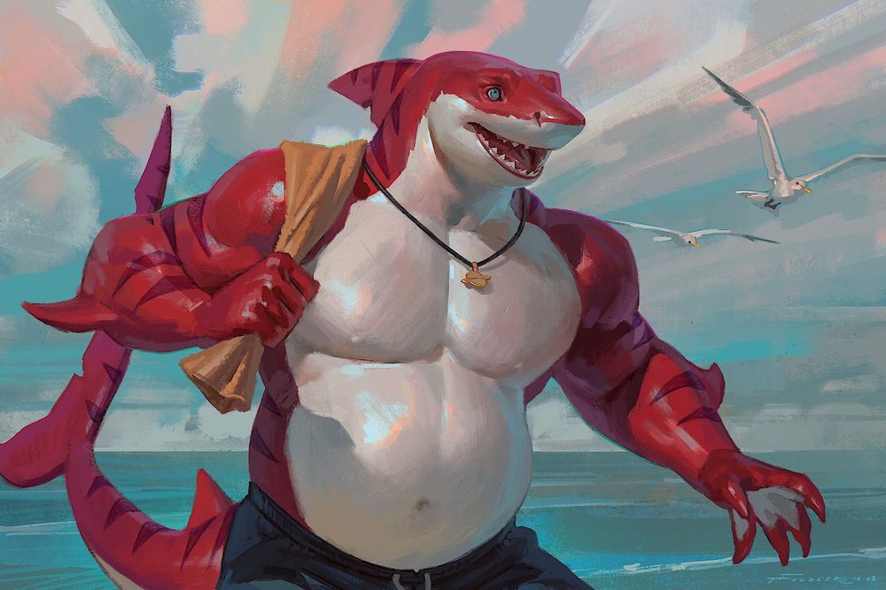 A red anthropomorphic shark at a beach wearing swimtrunks