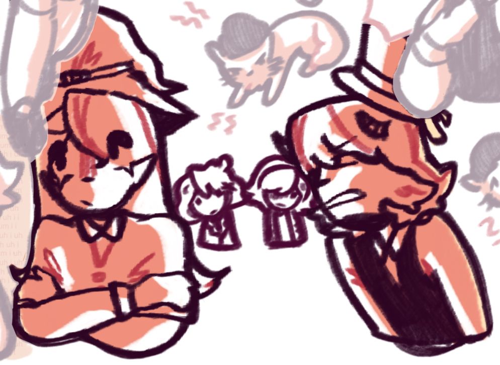 a simple drawing of my oc’s, venus and jupiter, angry at eachother, while mars and neptune watch nervously between them. venus ignores jupiter, while jupiter glares straight at her.