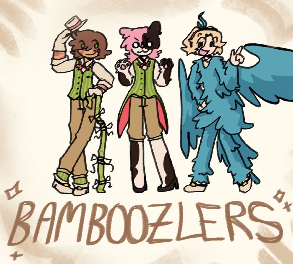 A line-up of Scar, Lizzie, and Jimmy, in their own ‘Bamboozler-themed’ outfits!