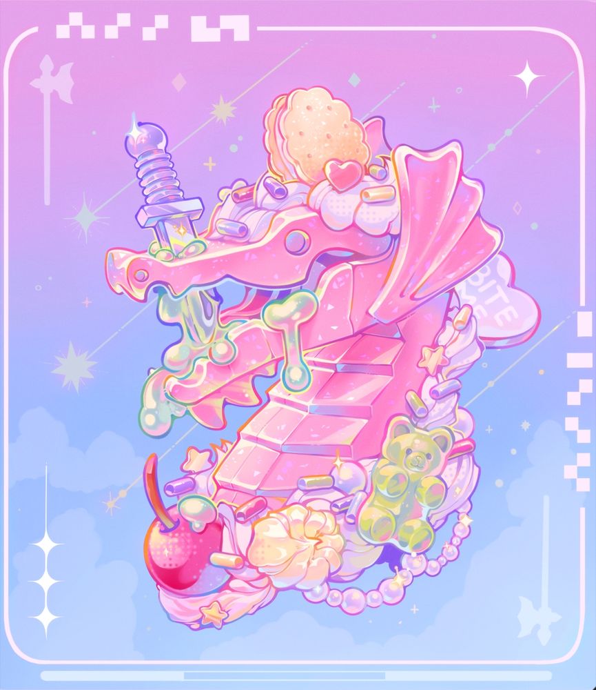 digital drawing of a pink lego dragon bust decorated in the decoden style. The bust is covered in cute and colorful embellishments like sprinkles, piped cream, a gummy bear, a cherry and a big cookie standing upright on the dragon's head. There's a lego dagger stabbing through the dragons upper jaw and the "wound" is oozing green liquid. The background is a pastel colored sky with faint clouds and shooting stars.
