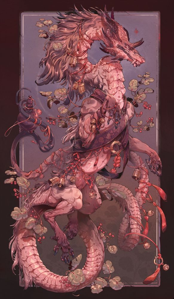 digital drawing of a wingless dragon posing mid-air with its long tail coiling in several loops behind it. Red yarn is messily tied around the dragon and there are different kinds of bells and tassels hanging from the yarn. The dragon is wearing a thin, leather-like, x-shaped sash over its chest and holding a small flask in its coiled tail. The dragon also has branches of an imaginery plant with red berries wrapping behind and around it. 