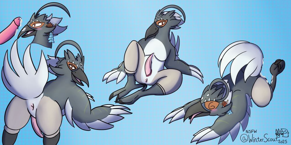 A grey and white rito with green stripes (named Taya) showing himself sucking a dick of a moblin in the first panel, followed by him presenting his ass and looking smug towards the viewer.

Another pose of the rito leaning back presenting his tapering slit dick

Finally a pose of the rito laying on his stomach, cum slappered on his ass as he looks quite dizzy but blushing seeing had enjoyed the experience