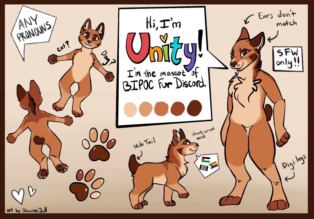 reference art of our mascot, Unity. An anthro character with various brown colors. 