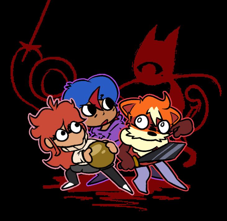 a drawing of my sona with my friends kuu and clodium in a battle against the boss Hatred and an Apparition