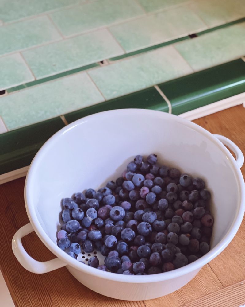A white metal colander full of freshly picked blueberries sitting on a kitchen cutting board by a green tiled countertop.