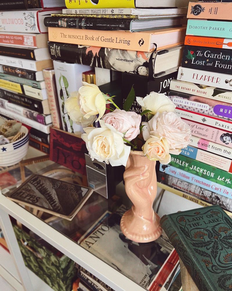 Pink and cream roses - Madame Anisette garden roses in a vase with a hand on a haphazard, messy book shelf.