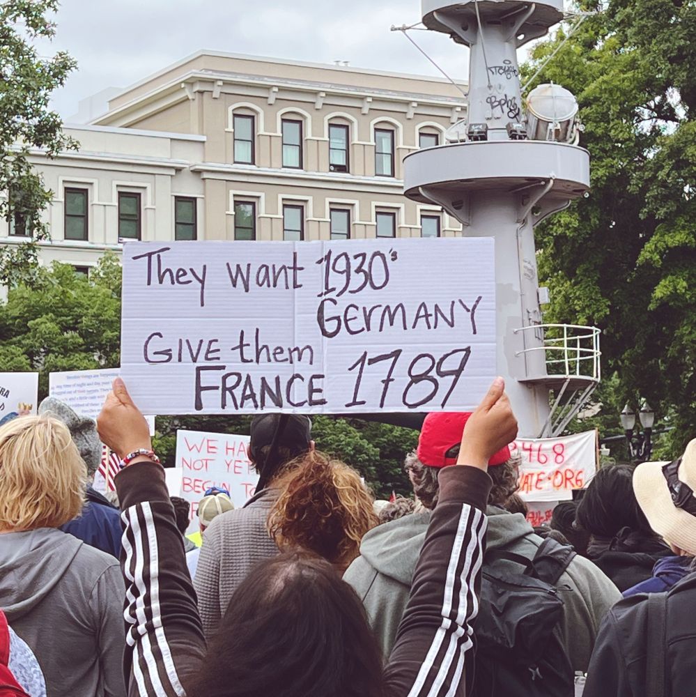 No Kings protest sign in Portland, Oregon reads: “They want 1930s Germany Give them France 1789”