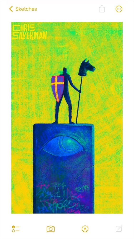 A silhouette of a figure stands atop a large blue rectangular stone, holding a shield and a hobbyhorse. The shield features a yellow cross on a blue background. The background consists of a bright green-yellow. The stone has a large carved eye, oriented up and to the right towards the figure, and also displays some colored markings, suggesting a surface with graffiti or carvings. The painting is signed "Chris Silverman."