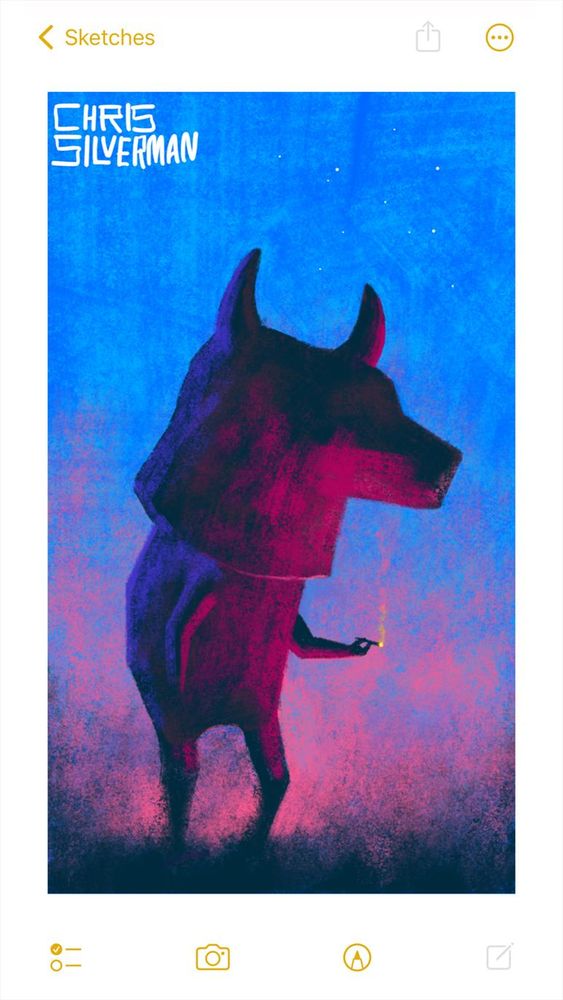 A stocky figure wearing a large bull's head stands in a field at either dawn or dusk, holding a lit cigarette. The sky is blue, with a few white stars above and bright pink clouds on the horizon. The figure is silhouetted, but illuminated in a deep red on the front and a darker indigo on the back. Its eyes are in shadow. The painting is signed "Chris Silverman".