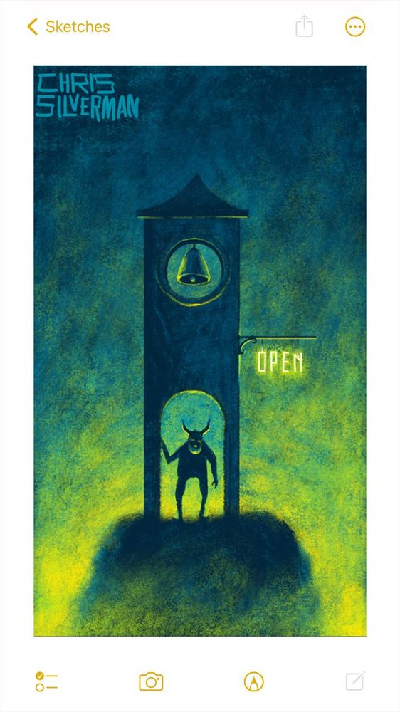 A figure with horns stands inside an archway of a tower. The tower is on a small, dark island surrounded by mist.  At the top of the tower is a circular opening with a bell inside it. A yellow neon sign reading "OPEN" hangs from the right side of the tower. The sky is dark blue, with a bright neon yellow-green glow coming from below. The painting is signed "Chris Silverman".
