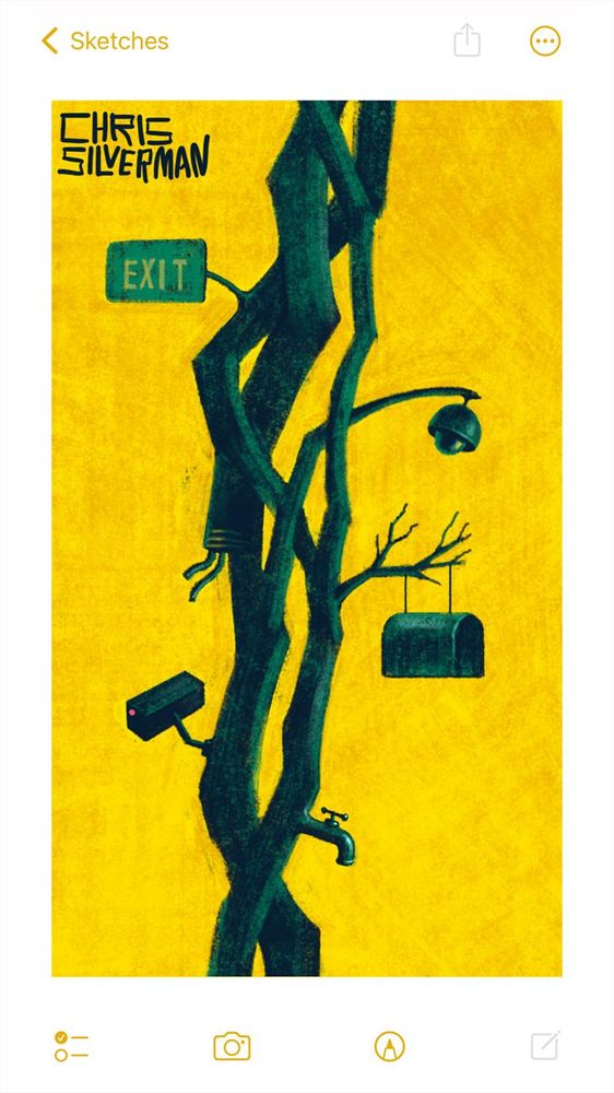 Several thick, greenish, entangled vines stretch from the bottom of the image to the top. The sky behind is yellow. Sticking off from the vines are oddities: a spherical security camera; a mailbox; a highway "exit" sign; some wires; an older, boxier security camera; and a faucet. The painting is signed "Chris Silverman".