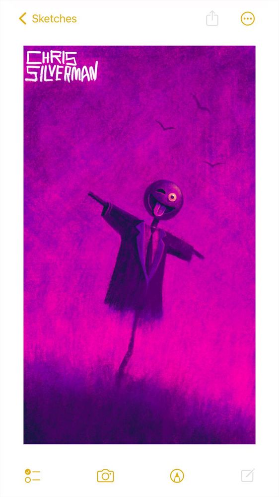 A scarecrow stands in the middle of a purple field under a crimson sky. The scarecrow is wearing a coat and tie. Its head is the winking-and-sticking-tongue-out emoji. A few birds drift overhead. The painting is signed "Chris Silverman".