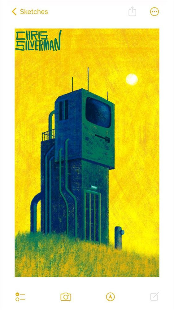 A tall, narrow industrial structure stands in a green-orange meadow against a yellow sky. The building is made of concrete, is a dark blue-green color, and is the size and shape of a two-story phone booth. It has a number of pipes running up its sides. There is a small, barred door in the front, beneath a white light. There is a small fire-hydrant-ish thing in front of the door. The second story of the building has two narrow windows and looks like a Macintosh 128K computer with a Twiggy disk drive. Nothing is displayed on the screen. On the top of the building/computer are a few antennae. In the sky is a blazing white sun. The painting is signed "Chris Silverman".