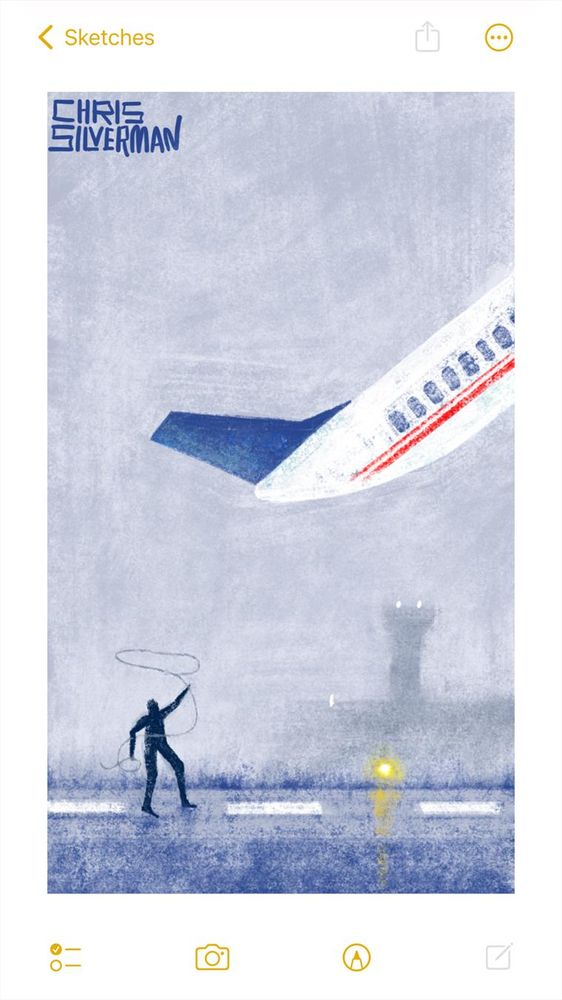 An airplane with a white body, a red stripe along the fuselage, and a blue tailfin takes off into a foggy sky. Standing on the runway, whirling a lasso, is a small figure who appears to have missed the plane by a couple of seconds. The runway looks wet; a yellow runway light reflects off it. In the distance is the foggy outline of an airport building and control tower, with a few glowing white lights on it. The sky is a heavy gray color. The painting is signed "Chris Silverman".