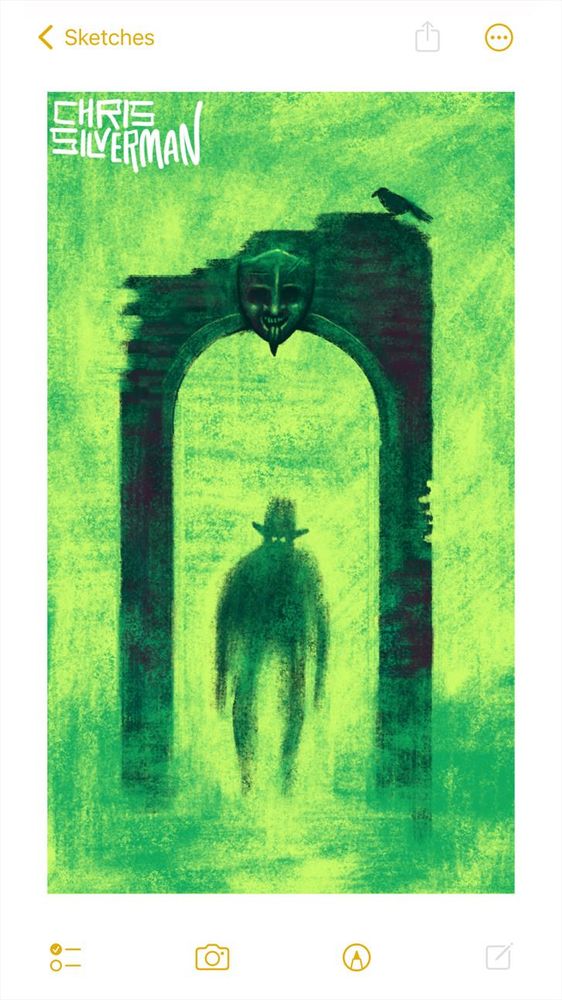 An eerie green world. A tall, crumbling stone arch rises up from the ground, like the one doorway left after the rest of the house vanished. Above the archway, in the center, is a mask-shaped stone face, eyes in shadow, mouth stretched into an unpleasant smile. The mask is revealing teeth and sticking out a long pointed tongue. Sitting on the top right corner of the arch is a raven. Walking under the arch is a strange figure: arms a little longer than they ought to be, the outline of a top hat, and two glowing eyes. The figure is silhouetted, so not much in the way of details can be seen. This is an entirely green painting, signed "Chris Silverman".