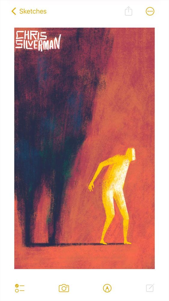A bright yellow figure walks forward tentatively in a red space. It is facing right. The front of it is illuminated white. Looming behind it, disproportionally huge and formless, is a giant dark shadow, punctuated with tinges of blue and green. The painting is signed "Chris Silverman".