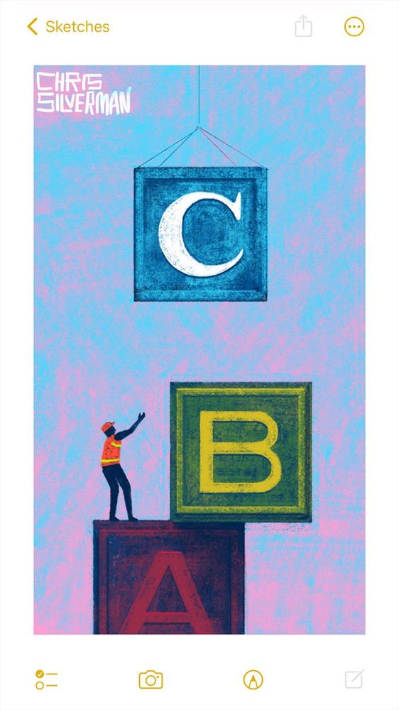 Two enormous alphabet blocks are stacked on top of each other. A, which is dark blue and reddish, is the base. B, on top of it and overhanging the right side, is yellow on dark green. Dangling above the blocks is a third similarly sized block, C. C is white on blue. Standing on A, looking up and gesturing to an unseen crane operator, is a worker wearing an orange vest and helmet. The sky is pink fading to blue. The painting is signed "Chris Silverman".