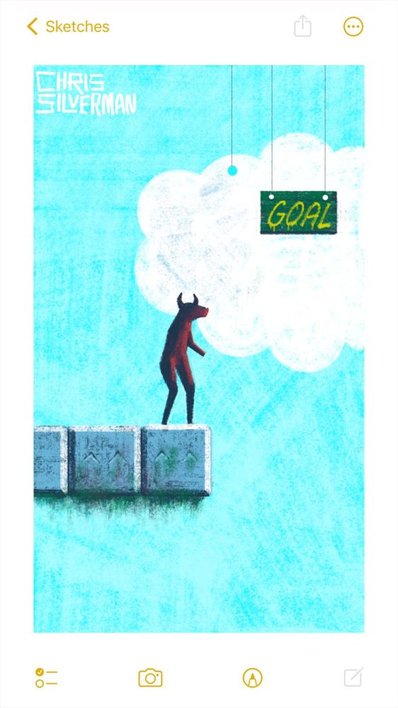 A humanoid figure with a bull's head stands on the end of a set of square stones floating in a blue sky. The stones are gray and beveled, and look like those from a Nintendo game. They are covered with grime and lichen, and have greenish moss hanging off them. In front of the bull, suspended from strings, are a white cartoonish cloud with sharply defined round edges, and a small green sign with "Goal" written on it in yellow letters. The painting is signed "Chris Silverman".