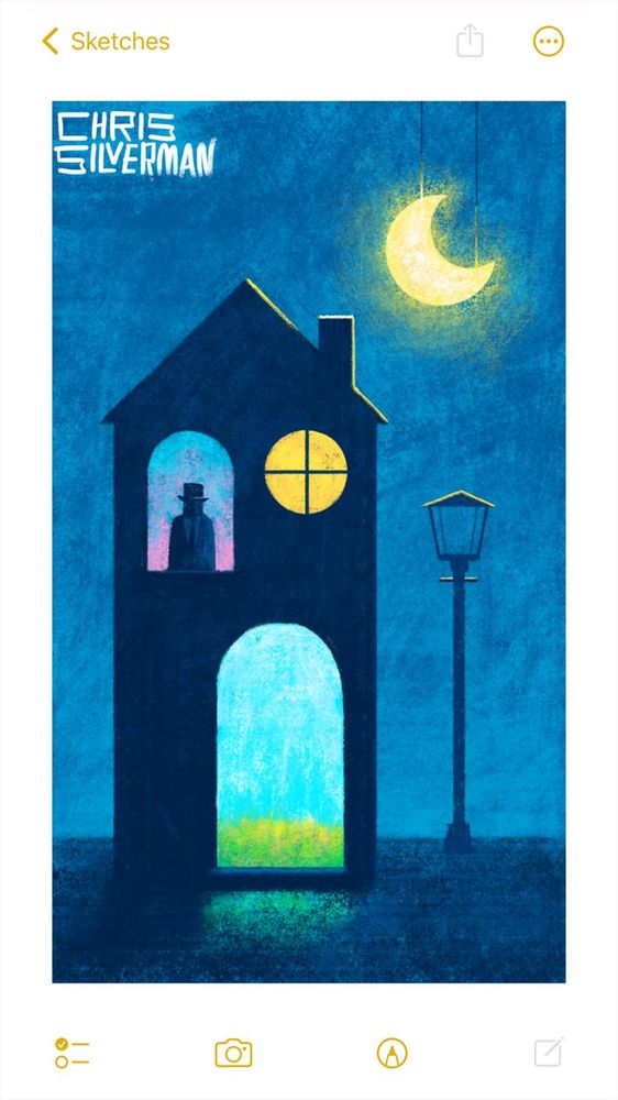 A darkened blue area that suggests a stage. There is a house, although it looks like a stage prop. The house has an arched doorway that reveals a different world: a bright blue sky, green grass, and yellow flowers. Above, on the second floor, is an arched window with another different scene: another blue sky, this time with pink. A dark figure wearing a suit and top hat stands in that window. To the right of that window is a round yellow window. To the right of the house is a Victorian lamppost, which also looks like a prop. Above it is a glowing yellow crescent moon, which is very clearly a stage prop, as it is hanging from strings. The painting is signed "Chris Silverman".