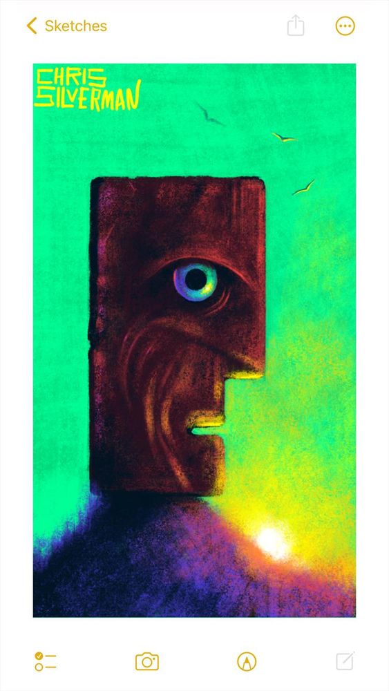 A large, rectangular head is balanced on a small hill. The head is vaguely shaped like the "talking head" icon on classic Macs. It looks like it is made of slightly iridescent stone or metal, and has a reddish-purple sheen to it. The face is craggy and alien in appearance. Its most striking feature is its glowing rainbow eye. The sky behind it is green, with a blazing white sun on the horizon. The sky is yellow at the horizon, with the sunlight turning the hill purple. A few birds circle in the sky above. The painting is signed "Chris Silverman".
