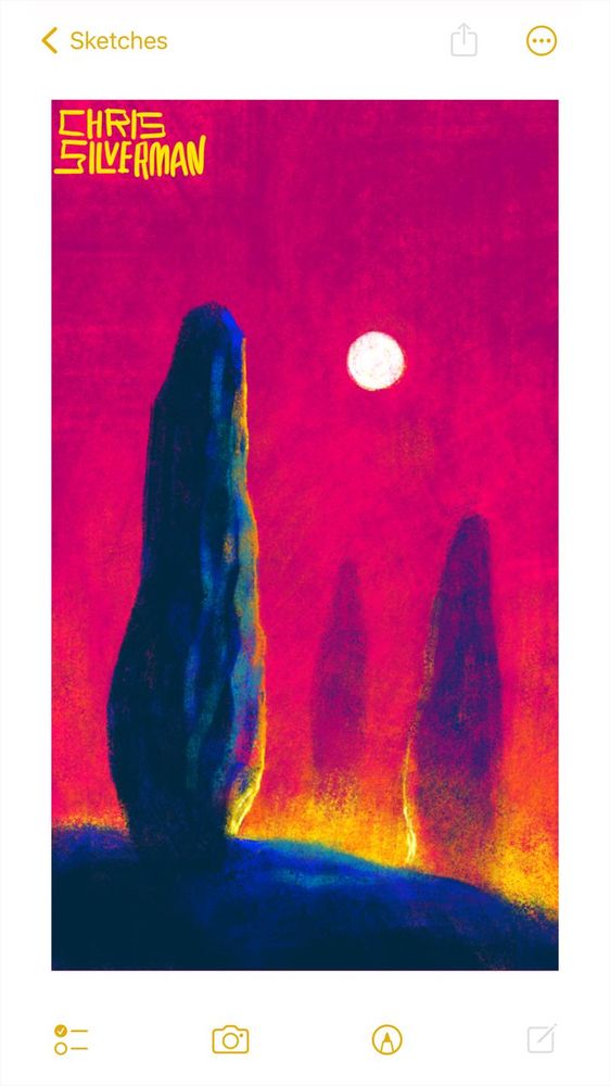 Several tall, obelisk-like rock formations rise from a barren blue landscape. The sky is crimson, with a bright white moon sitting high in the sky. Yellow fire covers the ground among the rock formations. The painting is signed "Chris Silverman".