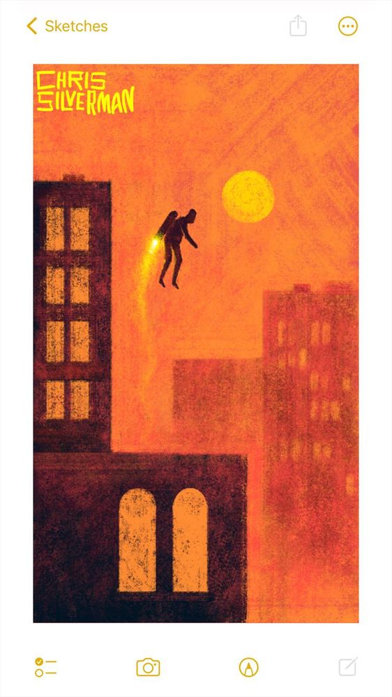 A city scene, at what could be high noon or a hot summer night. The sky is orange, with a yellow sun or moon visible. Tall, dark buildings are in the foreground, with faded outlines of more buildings in the background. The buildings in the foreground have lit orange windows. Launching up from the roof of the lower building is a figure wearing a jet pack. The rocket is spitting a tail of yellow fire. The painting is signed "Chris Silverman".