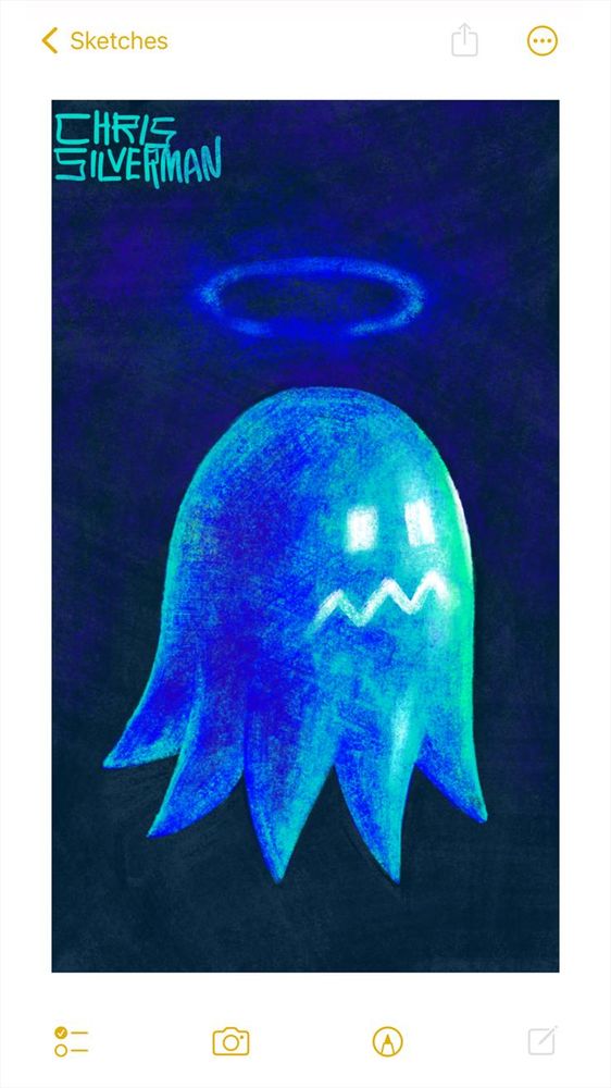 A blue, gelatinous creature with several conical tentacles sits in a dark space. The front of it is illuminated with a greenish light. It has a jagged, frowning mouth and square eyes; its facial features are white and glowing. It looks like one of the ghosts from Pac-Man in vulnerable mode. Above its head is a foggy ultraviolet-ish halo. The painting is signed "Chris Silverman".