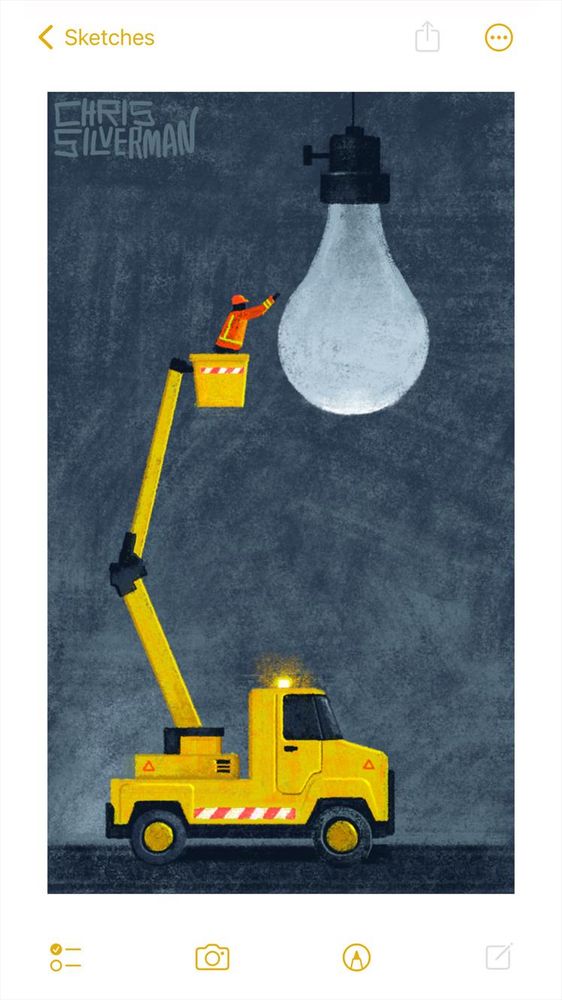 A giant incandescent lightbulb hangs in a dark gray space. The bulb is not lit. Below it is parked a yellow truck with a cherrypicker. The cherrypicker extends up towards the bulb, and a worker wearing an orange and fluorescent green coat stands in the basket, reaching towards the lightbulb. It's unclear how the worker is going to change the bulb, since comparatively the light bulb is the size of a small house. The truck has an orange flashing light on top, several red triangular warning decals, and a few red and white hazard stripes. The painting is signed "Chris Silverman".
