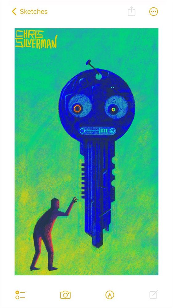 A giant blue key hangs from a nail. The key is the shape of a regular house key, but has two large, staring eyes at the top and weird striations and lights all along it. It has a mouth with glowing teeth that look like circuitry. Below it, and to the left, is a small humanoid figure about a third the size of the key, reaching towards it. The background is a greenish blue fading to yellow. The painting is signed "Chris Silverman".