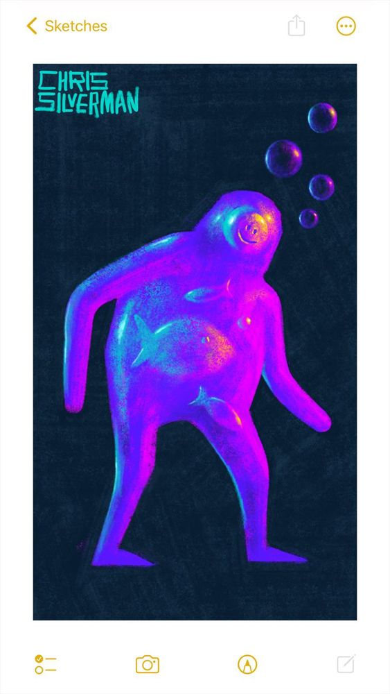 A humanoid figure stands in a dark space. The figure appears to be made of water or jelly. It's a translucent crimson pink, with the front of it brightly illuminated by pink light and the rear side illuminated by neon blue light. A few fish swim in its interior, yellow light glinting off them. In the figure's head is a spherical smiley-face emoji. Rising up from the front of the figure's head are a few blue and pink bubbles. The painting is signed "Chris Silverman".