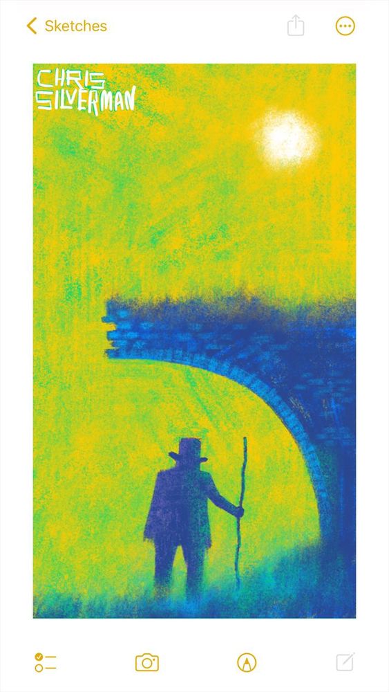 The blue silhouette of a person wearing a top hat stands in a blue-green field. The person is carrying a staff. Above them is the remnant of a stone bridge: a single half-archway, the top covered with grass and weeds. The sky is greenish-yellow. The blurry white sun sits in the top right. The painting is signed "Chris Silverman".
