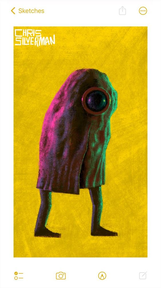A strange figure that appears to be wearing some sort of cloak or blanket. Only its legs are visible; the rest of it is covered by lumpy, clothlike material. The back of it is illuminated by a bright pink light, while the front of it is illuminated by a bioluminescent green light. Where its face would be is a round, glassy mask like that on a diver's helmet. No facial features are visible. The figure stands against a yellow-gold background. The painting is signed "Chris Silverman".
