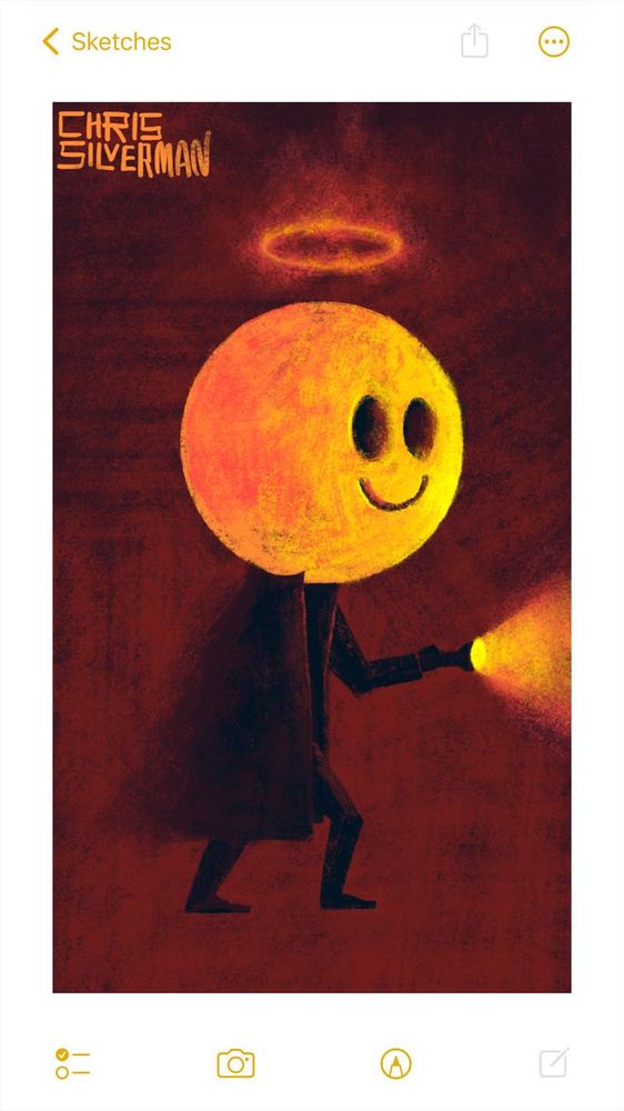 A sinister figure wearing a trenchcoat holds a blazing flashlight in front of it. The figure stands in a dark mahogany space; the flashlight beam is yellow, with a red glow. The rear of the figure's coat fades into the gloom. In lieu of a head, the figure has a giant spherical yellow smiley-face with large, hollow eyes, and a dim reddish-yellow halo hovering above it. The painting is signed "Chris Silverman".