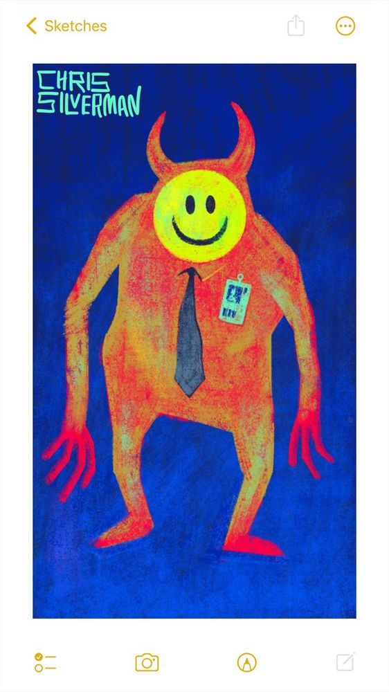 A large red monster with devil horns stands against a blue background. The monster has long arms and long fingers. It is wearing a black tie and a light blue ID badge. Its face is obscured by a mask that looks like a yellow smiley face. The painting is signed "Chris Silverman".