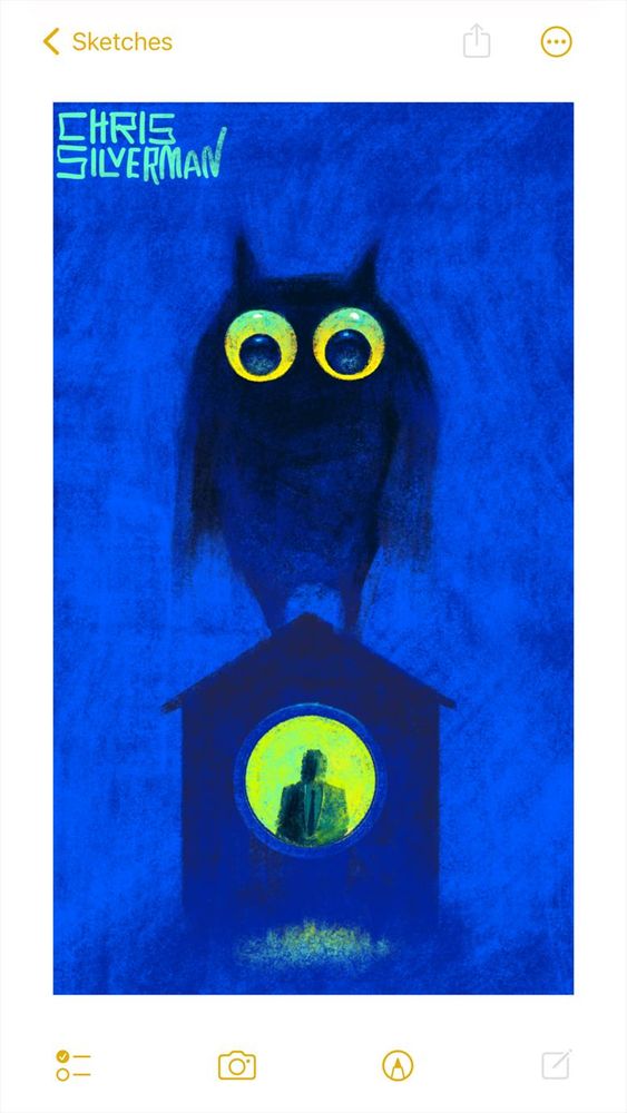 A huge, dark, owl-esque creature stands on top of a very small house with a circular window. The window glows an eerie green, revealing a dark silhouette of a figure wearing a coat and tie. The owl is about the size of the house, with large yellow eyes looking down at the house. All around is a dark blue, starless night. The painting is signed “Chris Silverman”.