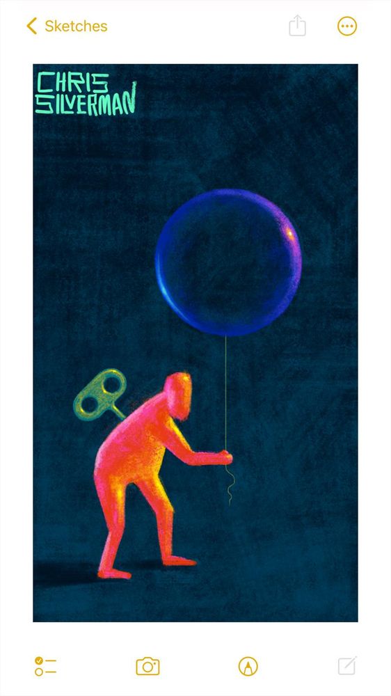 A bright reddish-crimson figure stands in a dark blue space, holding a large bubble on a string like a balloon. The bubble is an iridescent indigo color, with pink and blue highlights. The figure looks slightly translucent, as if it is made of glass or jelly, with yellow highlights. Sticking out of its back is a dull gold windup key. The painting is signed "Chris Silverman".