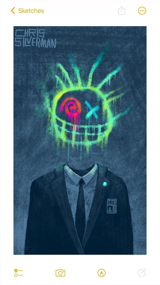 A figure without a visible head stands against a dark background. The figure is wearing a suit. The suit is black with a white dress shirt and black tie. A blue glowing pin is attached to the left jacket lapel. The figure is also wearing an ID badge. Where the head would be, there is a glowing, neon-green spray-painted face featuring a hot pink spiral and a blue 'X' for eyes, and a wide grin that drips down from its edges. Wild hair sticks off from the side. The painting is signed "Chris Silverman."