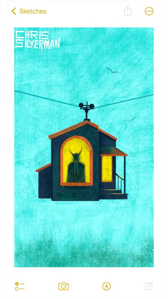 A cable car suspended in a blue sky. The car looks like a small house with a pointed roof, a porch, and a large window framed in orange. Inside the window, there is a dark silhouette with horns. The exterior walls of the house are a dark green. The windows glow with yellow light. The sky is blue, with a few birds. Below is the blurry green suggestion of a treeline. The painting is signed "Chris Silverman".