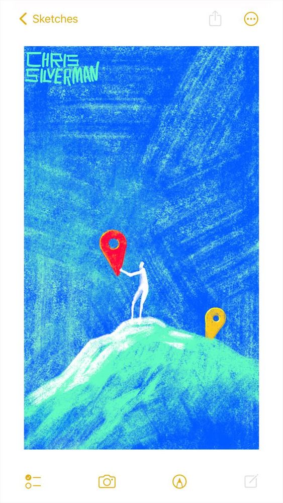 A figure stands on a remote mountaintop under a deep blue-green sky. The mountain is mint green and white. The figure is holding a bright red teardrop-shaped marker, the kind you'd see on Google Maps. Behind the figure, planted in the mountain, is another such marker, this one yellow. The painting is signed "Chris Silverman".