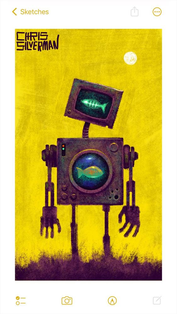 A boxy, dull purplish robot stands in dark purple grass against a bright yellow sky. In the top right of the sky is a white sun. The robot's body has a rusty, slightly iridescent texture. In the center is a circular porthole window, through which is visible a goldfish. The goldfish, lit from below with a greenish light, looks translucent. The porthole is surrounded by bolts and rusty holes. The robot's head has a television screen on it, which is displaying a green x-ray image of a goldfish, its skeleton visible. The robot has two long, mechanical arms. The painting is signed 