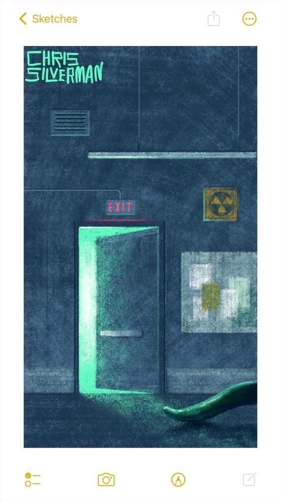 A dark, cavernous hallway. A door is cracked open, revealing greenish light from inside. Above the door is a red "exit "sign. On the wall to the right of the door is a large bulletin board with a few barely distinguishable papers fixed to it, and a yellow and black bomb shelter sign above that. Hanging from the ceiling is a long bar shaped fluorescent light, although it is not lit. Snaking out of sight, heading out of the right edge of the drawing, is a long, greenish tail. The painting is signed "Chris Silverman".
