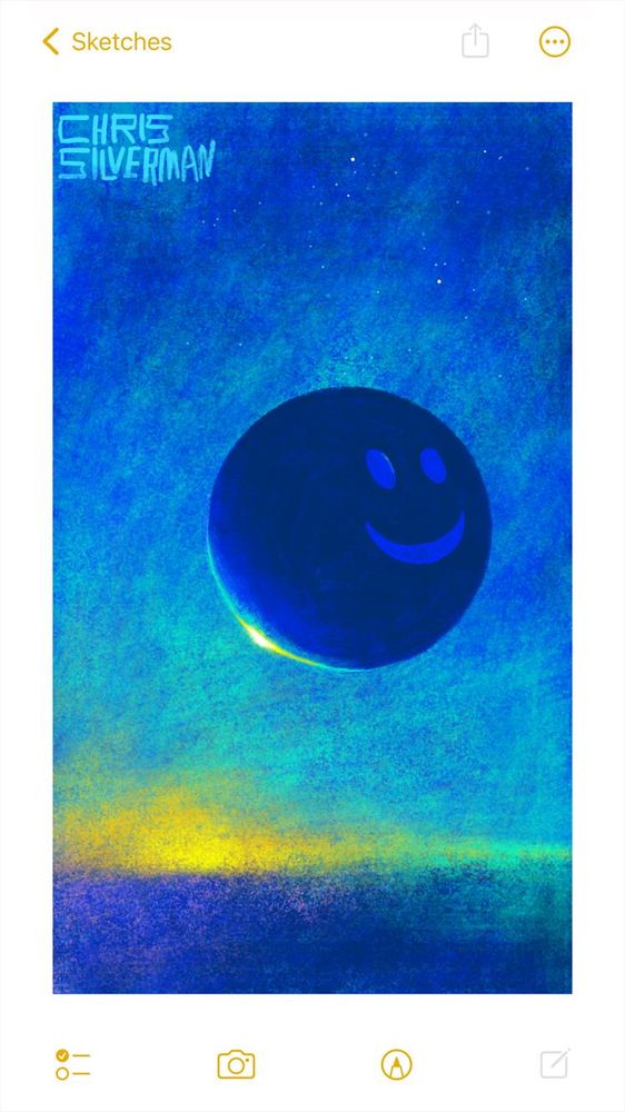 A dark blue night sky with a speckling of stars, a flat and darker blue ground, and a greenish-gold glow on the blurry horizon. Hovering in the sky is a large dark blue sphere, its left edge reflecting the gold light from the horizon. On the darkest side of the sphere is a blue smiley face. The painting is signed "Chris Silverman".