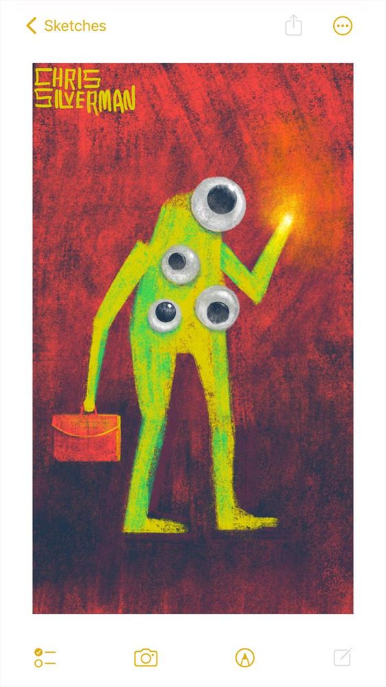 A yellow humanoid figure stands against a brick-red/brown background. The figure has four googly eyes stuck to its body at various points. In its right hand, it is carrying a red briefcase. Its left hand is raised and glowing a yellow-white. Where its face would be is a large googly eye. The painting is signed "Chris Silverman".