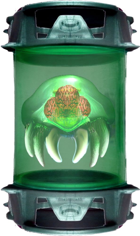 A metroid, secured in a canister. Incredibly dangerous in the wrong hands.