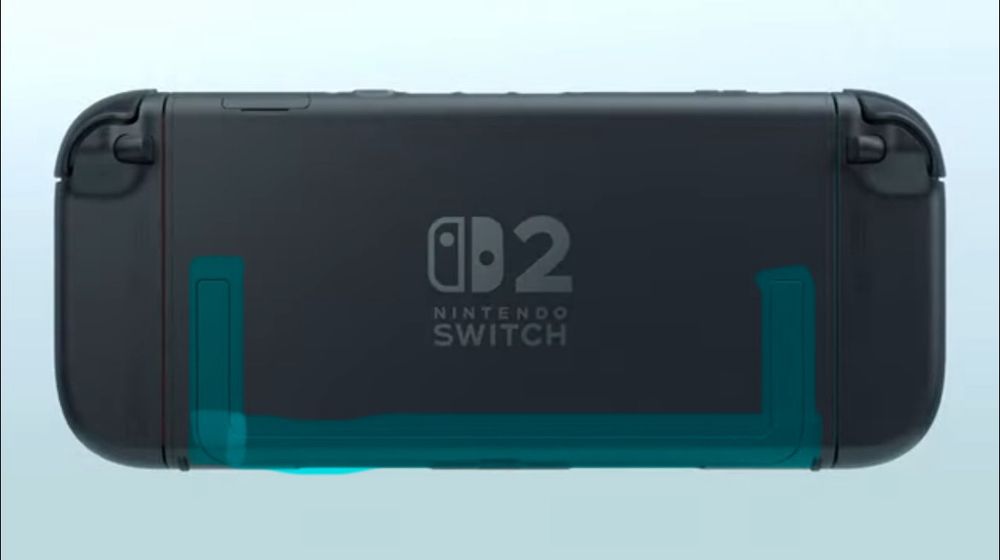Image of the back of the switch 2, the “U” shaped kickstand highlighted in blue