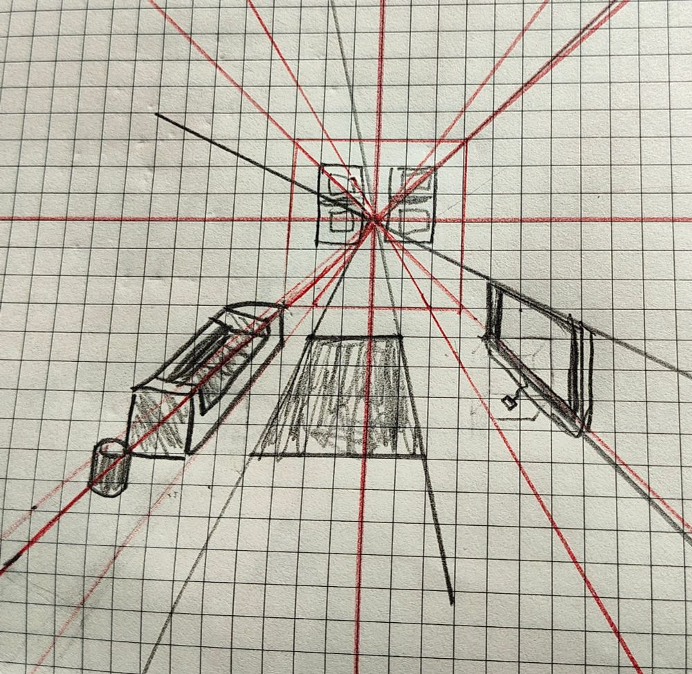 An inside long view of a living room with perspective lines. 