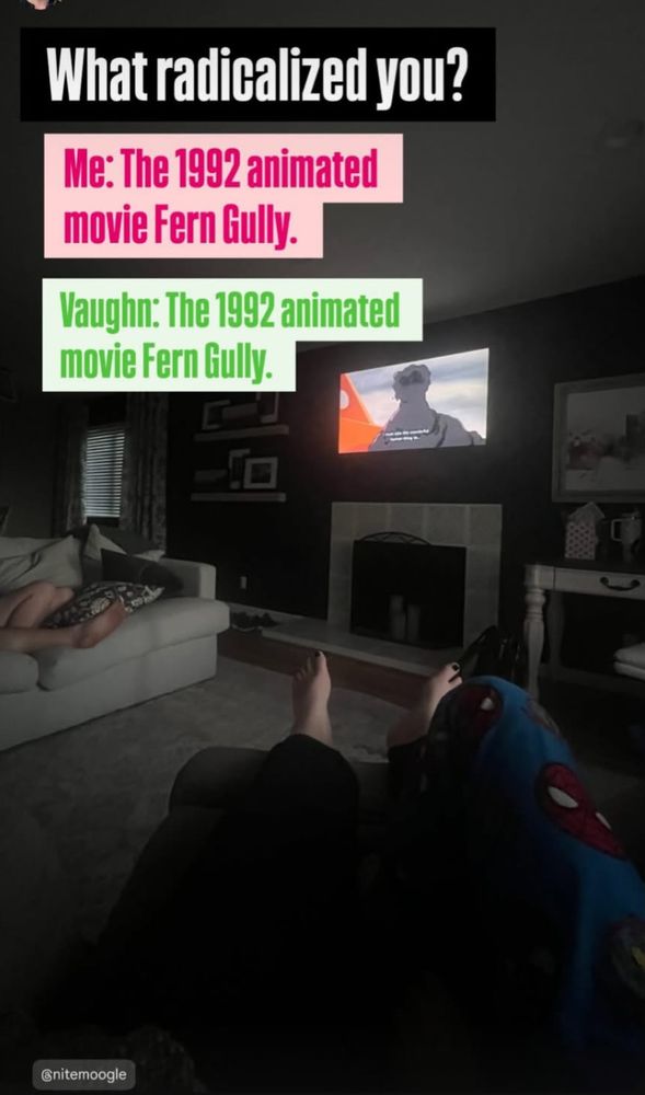 text: What radicalized you?
me: the 1992 animated movie FernGully.
Vaughn: the 1992 animated movie FernGully.