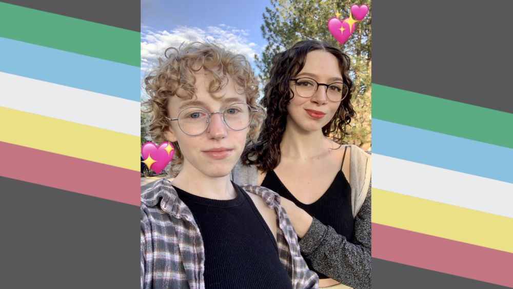 Bee (left) and Serana (right) with a disability pride flag bordering the photo 