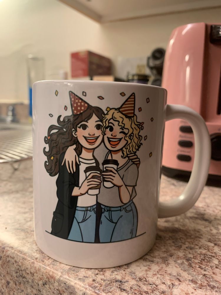 a picture of a white mug with a drawing glazed on it. the drawing is of a cartoony serana (left) and bee (right). bee has their arm over serana and they are both smiling big. they are holding coffee cups and wearing party hats with confetti surrounding them