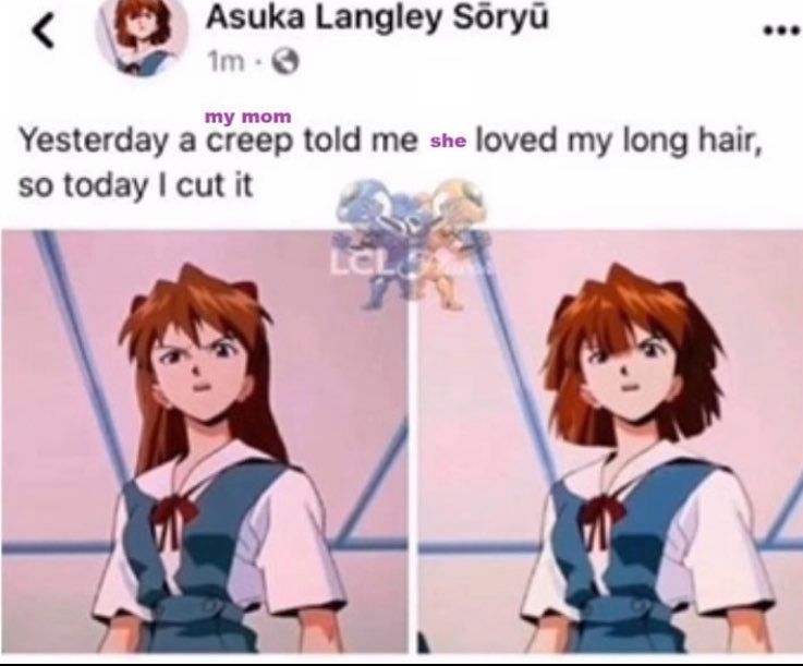 a meme of Asuka Langley Soryu from the anime evangelion posting as if she's on facebook.
there are two images of the character looking peeved. on the left she has red long hair and on the the right her hair has been chopped into a short bob.
text above the images says "Yesterday a creep [my mom] told me she loved my long hair, so today I cut it"